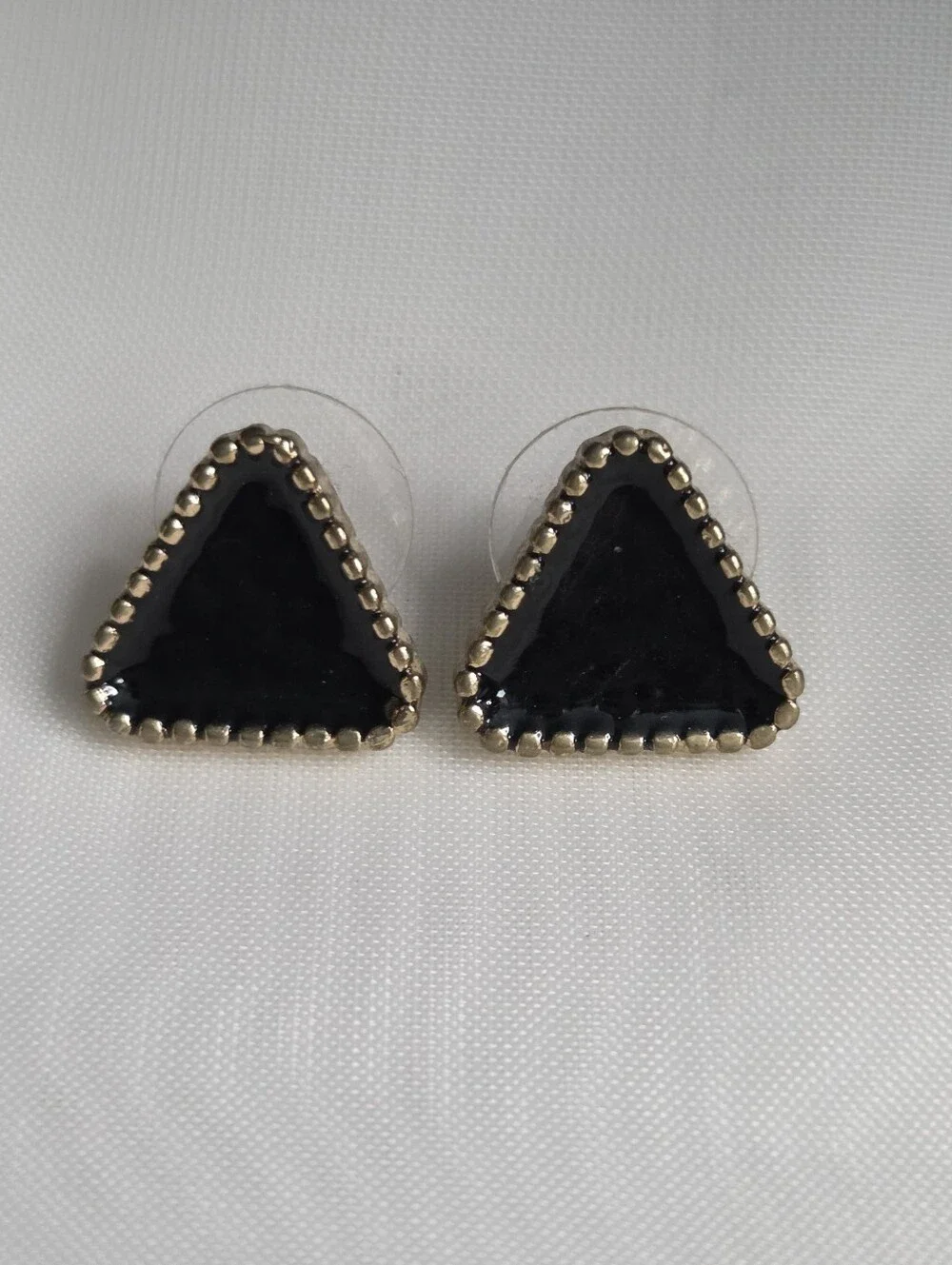 Black Triangle Stud Earrings with Gold Beaded‎ Trim